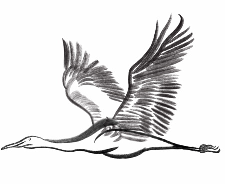 Brush painting of a crane with its wings outstretched in flight