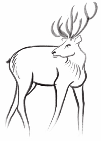 Brush painting of a deer with big antlers looking backwards