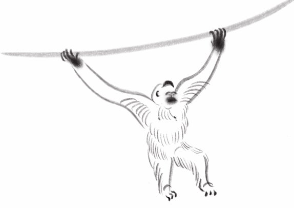 Brush painting of a monkey swinging on a vine