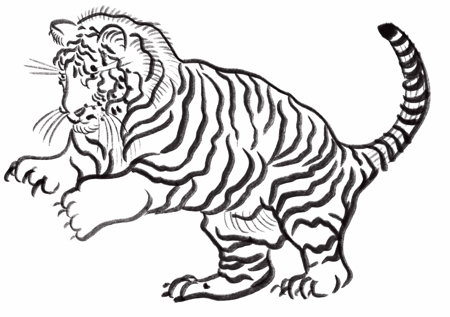 Brush painting of a tiger pouncing